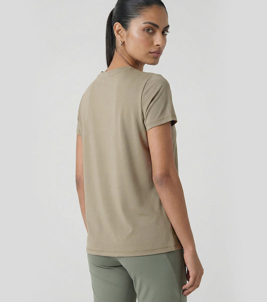 Enamor Short Sleeve Crew Neck Regular Length Basic Dry Fit Workout Crew T-Shirt for Women - Relaxed Fit, Quick Dry, Antimicrobial - A309 (Deep Lichen Green Active Reflective Graphic)