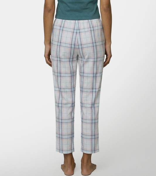 Enamor Mid Rise Full Length Adjustable drawstring Hangout Pant For Women - Relaxed Fit, Combed Cotton - E4A5 (Blue Pink Checks)