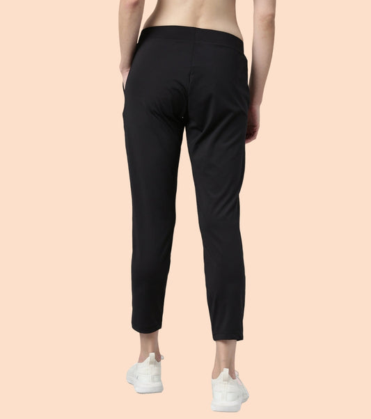 Enamor Mid Rise 7/8th length Drawstring Closure Travel Pants For Women - Relaxed Fit, Quick Dry, Antimicrobial - E068 (Jet Black)