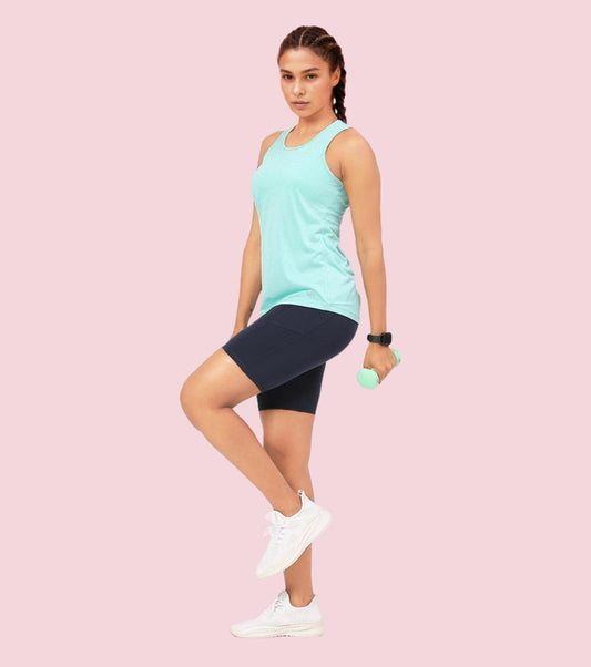 Enamor Sleeveless Round Neck Regular Length Tank T-Shirt - Slim Fit, Quick Dry, Antimicrobial - A308 (Pool Blue Mel)