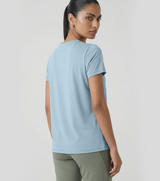 Enamor Short Sleeve Crew Neck Regular Length Basic Dry Fit Workout Crew T-Shirt for Women - Relaxed Fit, Quick Dry, Antimicrobial - A309 (Winter Sky Active Reflective Graphic)