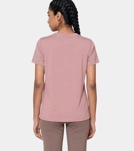 Enamor Short Sleeve Crew Neck Regular Length Basic Dry Fit Workout Crew T-Shirt for Women - Relaxed Fit, Quick Dry, Antimicrobial - A309 (Twilight Mauve Active Reflective Graphic)