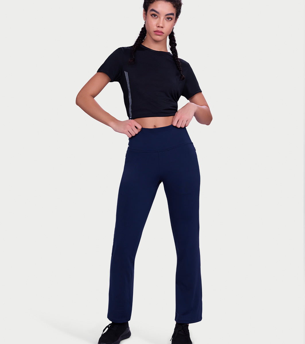 Enamor Fav Flare Pants – Butter-soft dry-fit, high-rise support & sleek flared style -A407 (Navy)