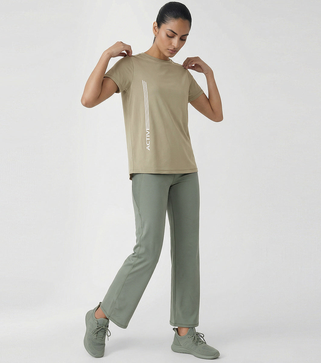 Enamor Short Sleeve Crew Neck Regular Length Basic Dry Fit Workout Crew T-Shirt for Women - Relaxed Fit, Quick Dry, Antimicrobial - A309 (Deep Lichen Green Active Reflective Graphic)