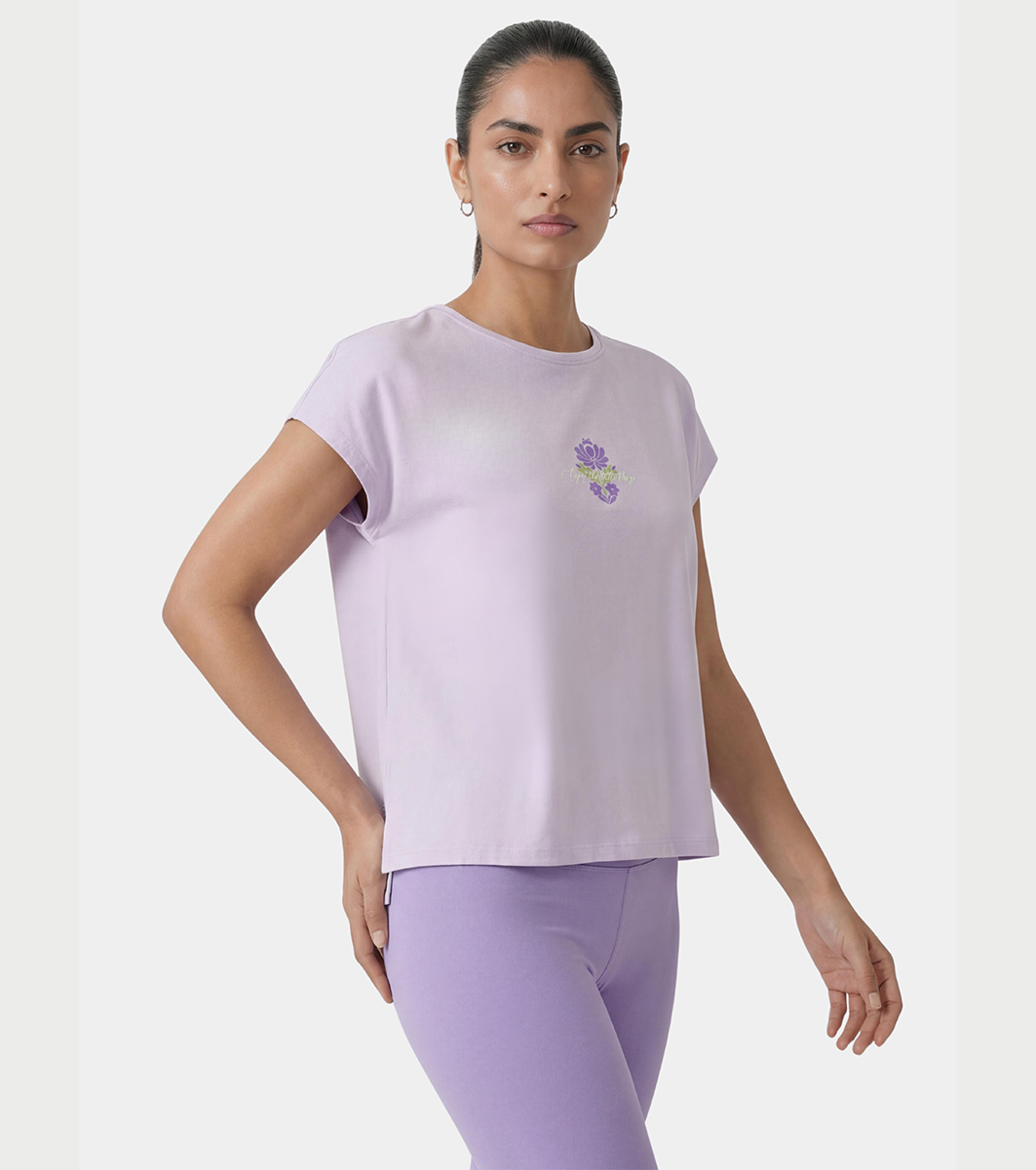 Enamor Pull on Sleeveless Crew Neck Regular Length Cotton T-Shirt For Women with Embroidery Details, Relaxed Fit - E3G7 (Lavender Fog)