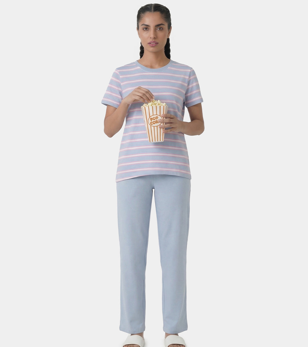 Enamor Short Sleeve Crew Neck Regular Length High Low Striped T-Shirt For Women- Relaxed Fit, Soft and Breathable Stretch Cotton - E3S5 (Dusty Blue)