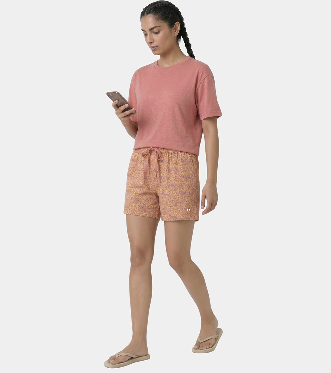 Enamor Drawstring Mid Thigh Length Mid Rise Basic Shorts - Relaxed Fit, Super Soft Cotton - E062 (Wildflower Print)