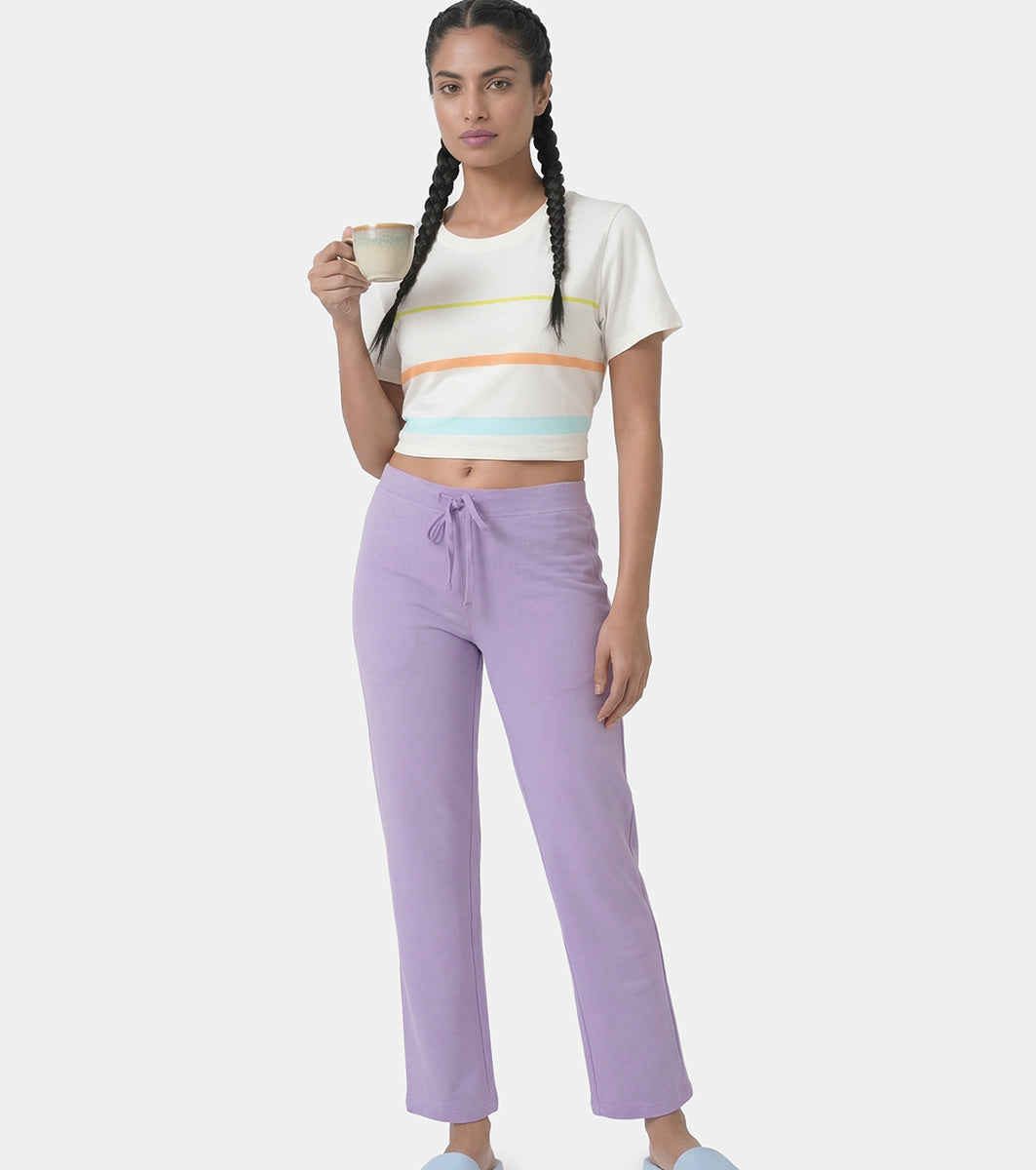 Enamor Mid Rise Regular Length Drawstring Closure Lounge Pants For Women - Slim Fit, Soft and Breathable Stretch Cotton - E014 (Purple Haze)