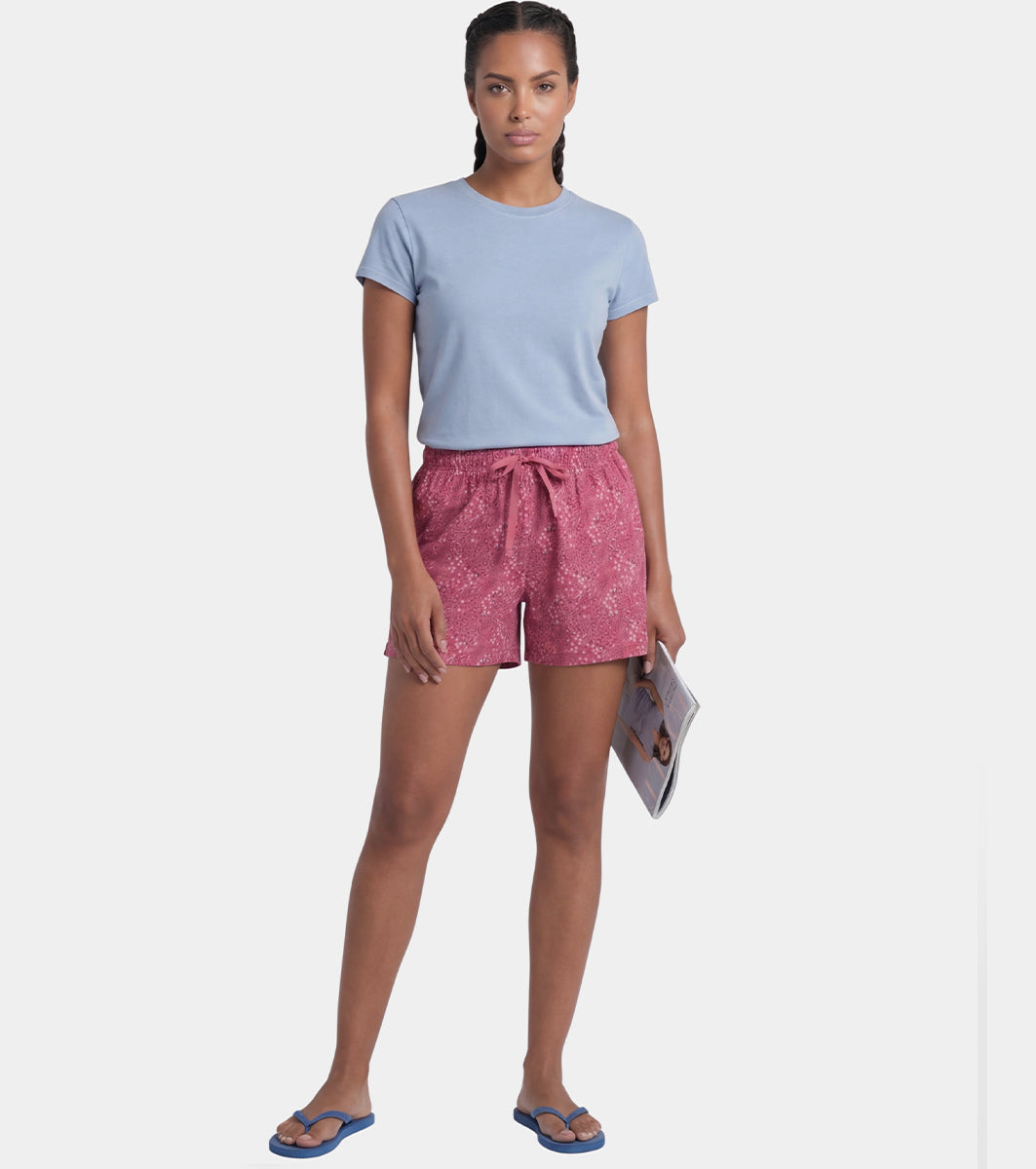 Enamor Drawstring Mid Thigh Length Mid Rise Basic Shorts - Relaxed Fit, Super Soft Cotton - E062 (Pink Animal Print)
