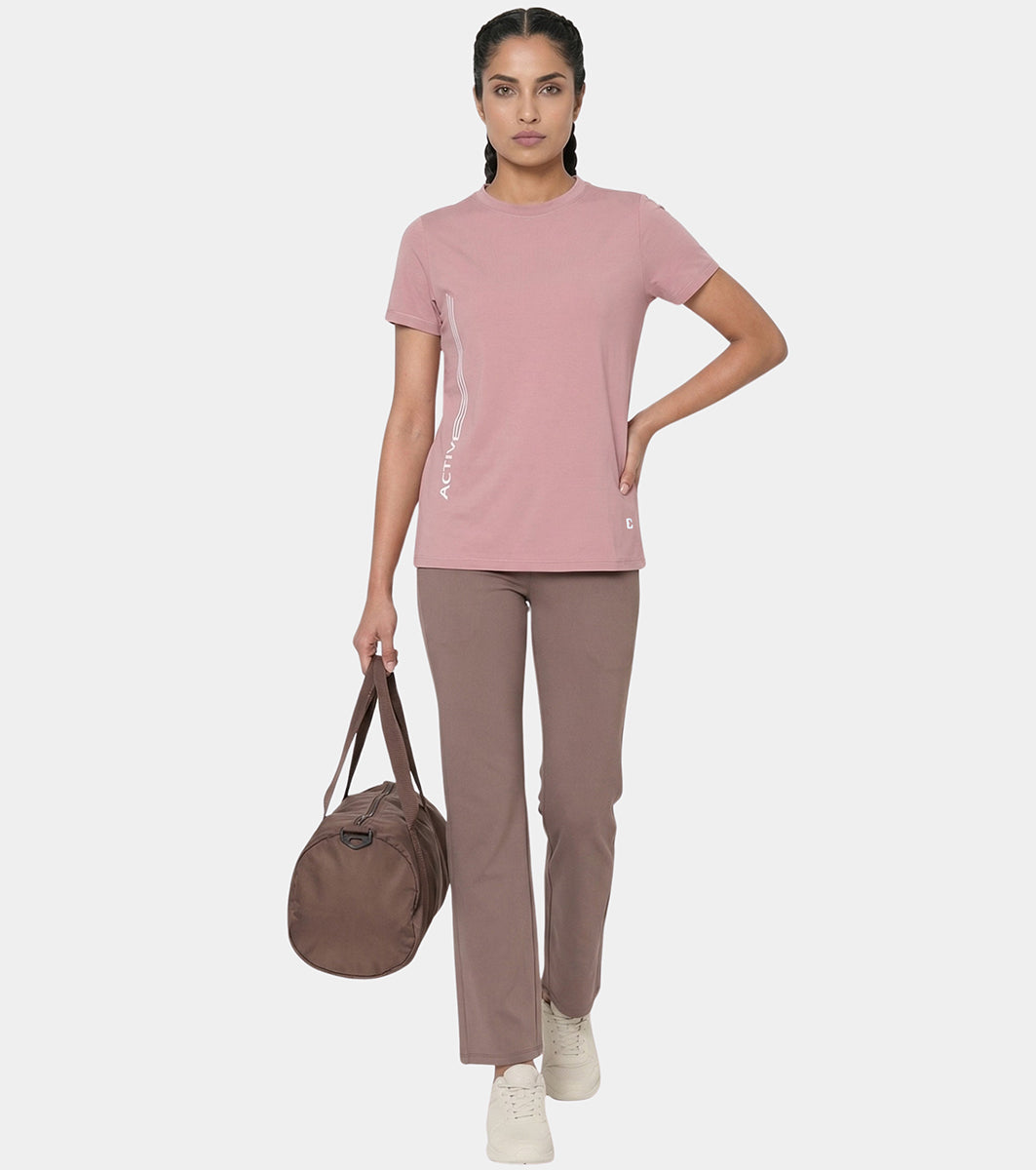 Enamor Short Sleeve Crew Neck Regular Length Basic Dry Fit Workout Crew T-Shirt for Women - Relaxed Fit, Quick Dry, Antimicrobial - A309 (Twilight Mauve Active Reflective Graphic)