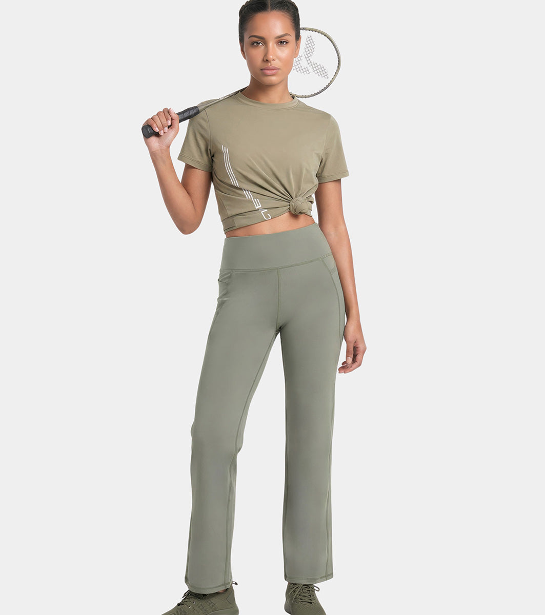 Enamor High Rise Full Length Pull on Boot Cut Active Pant For Women - Relaxed Fit, Quick Dry, Antimicrobial - A402 (Deep Lichen Green)