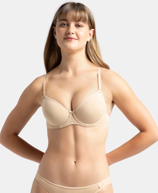 Under-Wired Padded Super Combed Cotton Elastane Stretch Medium Coverage T-Shirt Bra with Detachable Straps - Light Skin