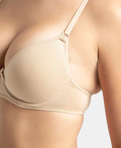 Under-Wired Padded Super Combed Cotton Elastane Stretch Medium Coverage T-Shirt Bra with Detachable Straps - Light Skin
