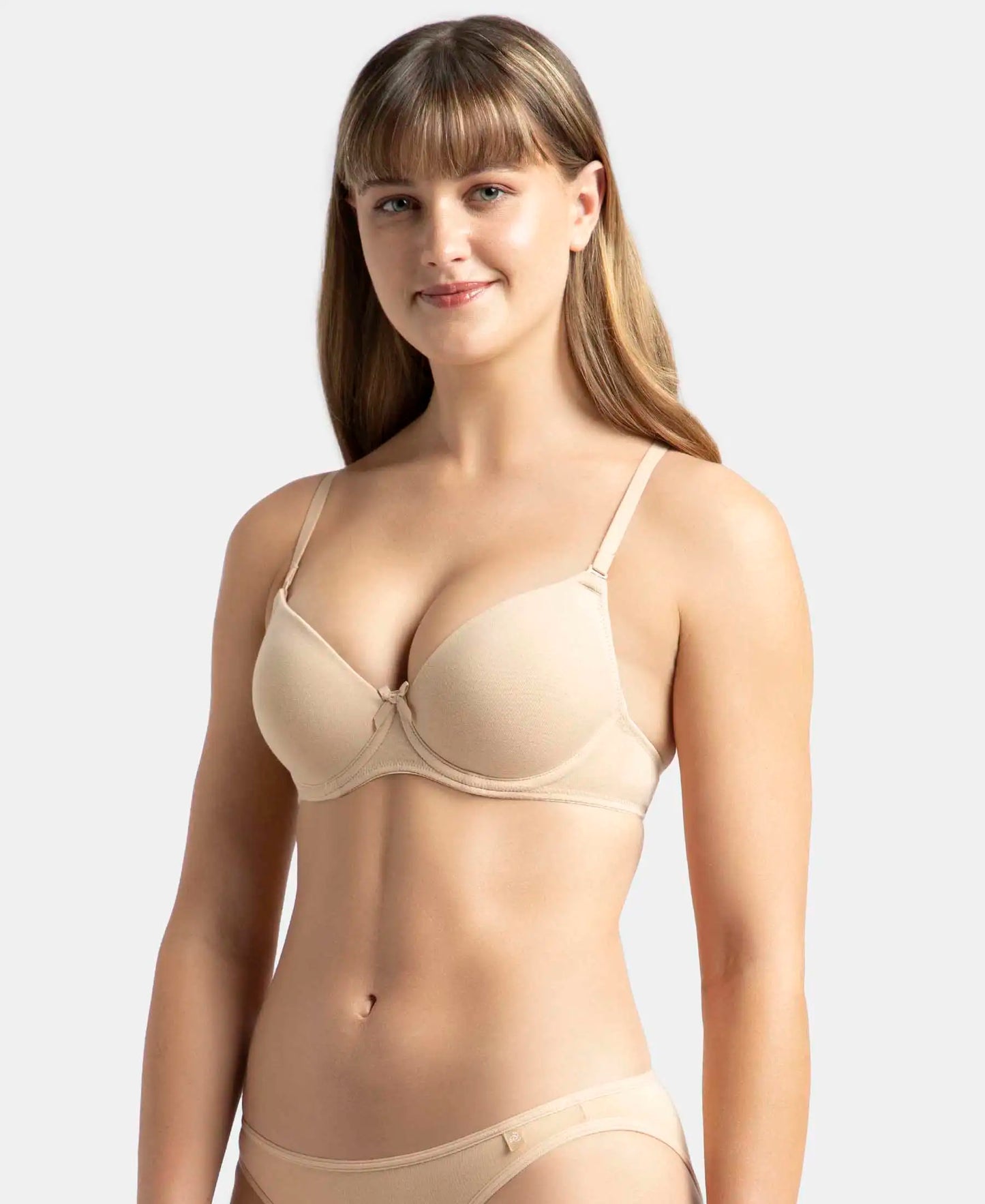 Under-Wired Padded Super Combed Cotton Elastane Stretch Medium Coverage T-Shirt Bra with Detachable Straps - Light Skin