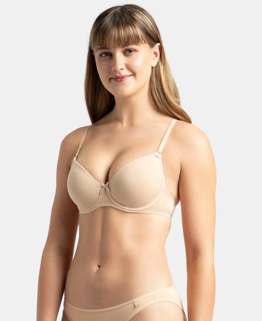 Under-Wired Padded Super Combed Cotton Elastane Stretch Medium Coverage T-Shirt Bra with Detachable Straps - Light Skin