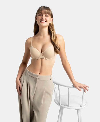 Under-Wired Padded Super Combed Cotton Elastane Stretch Medium Coverage T-Shirt Bra with Detachable Straps - Light Skin