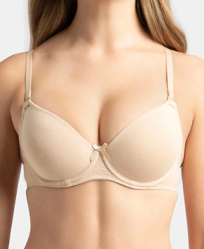 Under-Wired Padded Super Combed Cotton Elastane Stretch Medium Coverage T-Shirt Bra with Detachable Straps - Light Skin