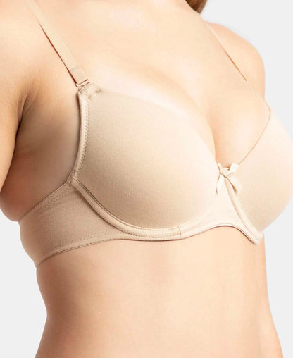 Under-Wired Padded Super Combed Cotton Elastane Stretch Medium Coverage T-Shirt Bra with Detachable Straps - Light Skin