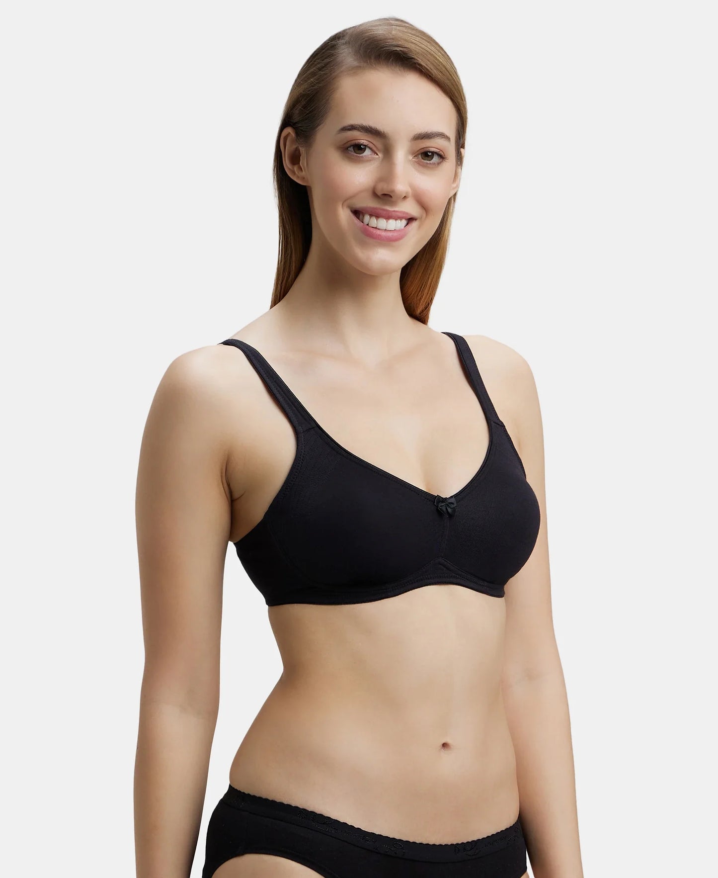 Pack of 2 Wirefree Non Padded Super Combed Cotton Elastane Stretch Full Coverage Everyday Bra with Contoured Shaper Panel and Adjustable Straps - Black & Skin