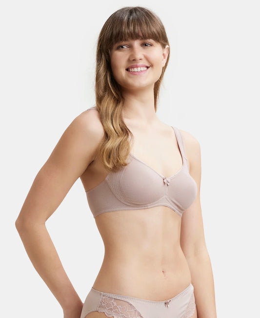 Wirefree Non Padded Super Combed Cotton Elastane Stretch Full Coverage Everyday Bra with Contoured Shaper Panel and Adjustable Straps - Mocha