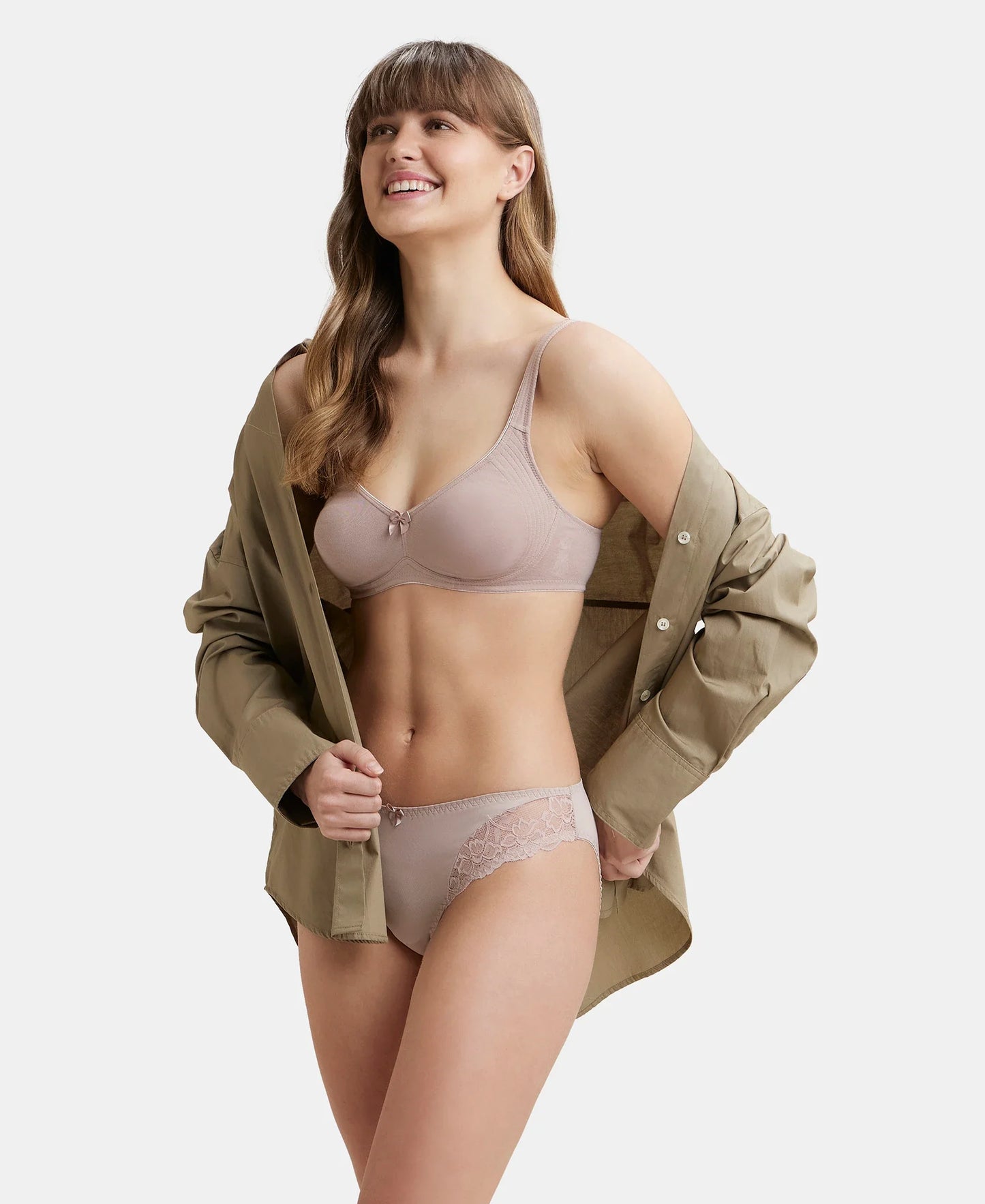 Wirefree Non Padded Super Combed Cotton Elastane Stretch Full Coverage Everyday Bra with Contoured Shaper Panel and Adjustable Straps - Mocha