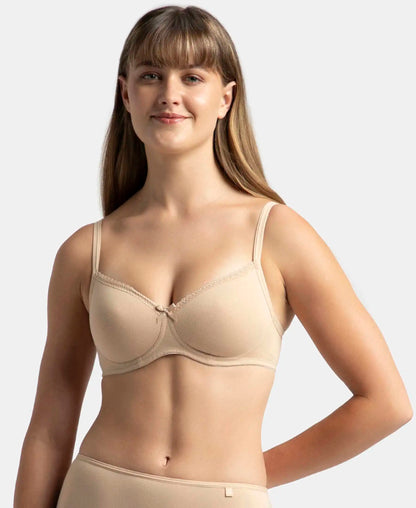 Wirefree Padded Super Combed Cotton Elastane Stretch Medium Coverage T-Shirt Bra with Lace Styling - Light Skin