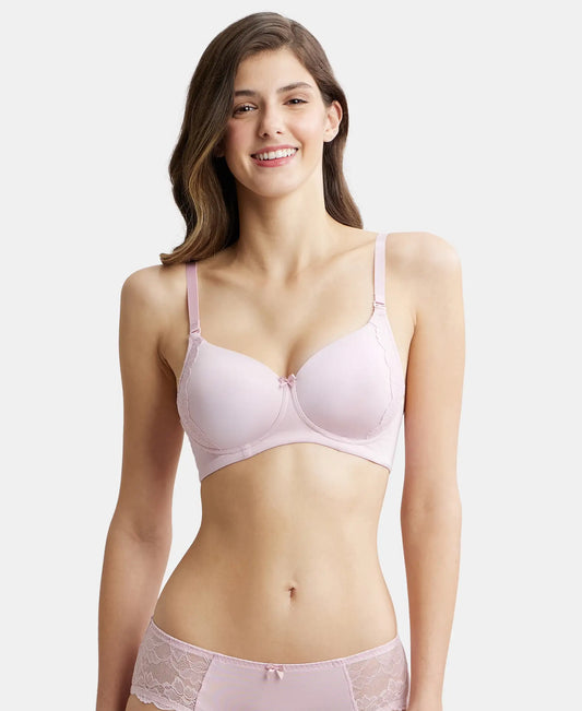 Wirefree Padded Soft Touch Microfiber Elastane Stretch Full Coverage T-Shirt Bra with Lace Styling - Fragrant Lily