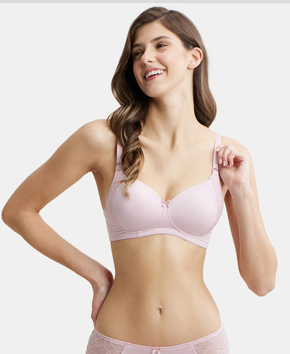 Wirefree Padded Soft Touch Microfiber Elastane Stretch Full Coverage T-Shirt Bra with Lace Styling - Fragrant Lily