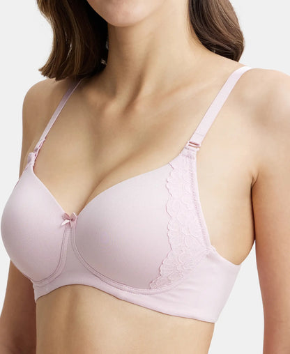 Wirefree Padded Soft Touch Microfiber Elastane Stretch Full Coverage T-Shirt Bra with Lace Styling - Fragrant Lily