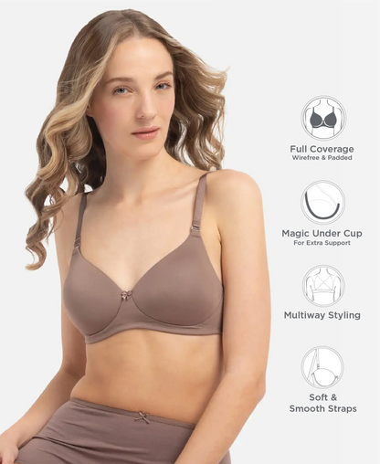 Wirefree Padded Microfiber Elastane Stretch Full Coverage T-Shirt Bra with Magic Under Cup - Deep Taupe