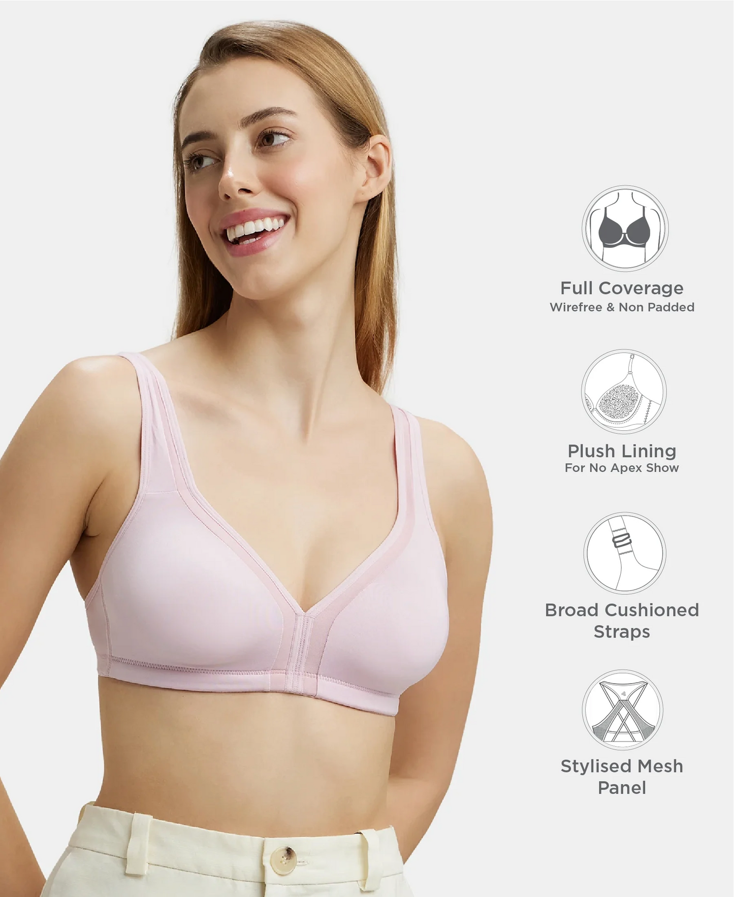 Wirefree Non Padded Soft Touch Microfiber Elastane Stretch Full Coverage Everyday Bra with Stylised Mesh Panel - Fragrant Lily