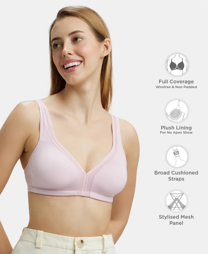 Wirefree Non Padded Soft Touch Microfiber Elastane Stretch Full Coverage Everyday Bra with Stylised Mesh Panel - Fragrant Lily