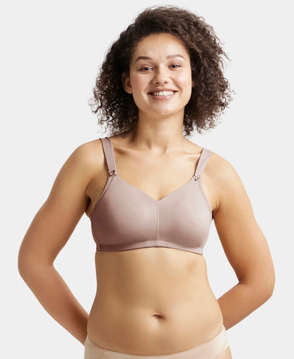 Wirefree Non Padded Soft Touch Microfiber Elastane Stretch Full Coverage Minimizer Bra with Broad Cushioned Fabric Strap - Mocha