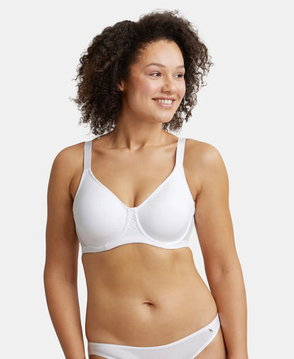 Under-Wired Non-Padded Soft Touch Microfiber Elastane Stretch Full Coverage Minimizer Bra with Broad Wings - White