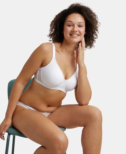 Under-Wired Non-Padded Soft Touch Microfiber Elastane Stretch Full Coverage Minimizer Bra with Broad Wings - White