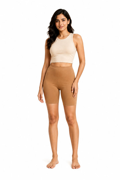 Women’s Biker Shorts Cotton Blend | Stretch Mid-Thigh Cycling Shorts| Cotton Spandex Rib Shorts