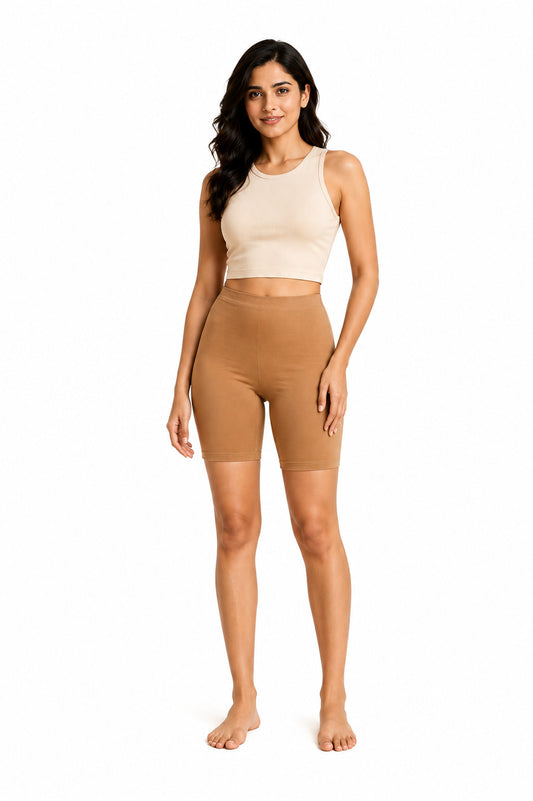Women’s Biker Shorts Cotton Blend | Stretch Mid-Thigh Cycling Shorts| Cotton Spandex Rib Shorts