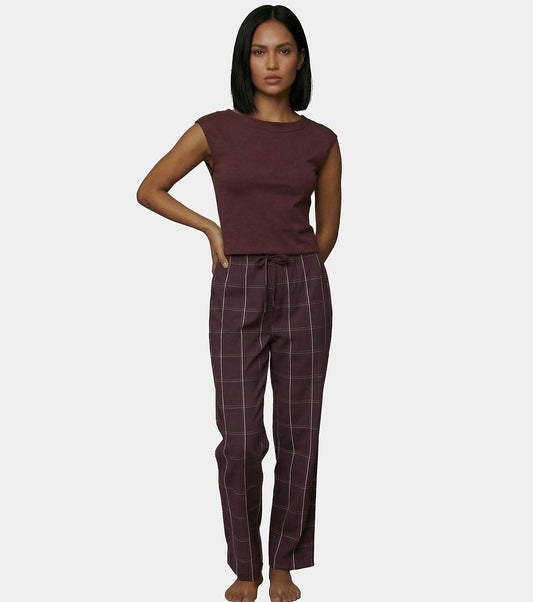 Enamor Mid Rise Full Length Adjustable drawstring Hangout Pant For Women - Relaxed Fit, Combed Cotton - E4A5 (Choco Fudge Checks)