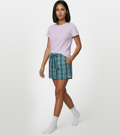 Enamor Mid Rise Mid Thigh Length Adjustable drawstring Hangout Shorts For Women - Relaxed Fit, Soft & Light Cotton - E7A1 (Teal/Pink Checks)