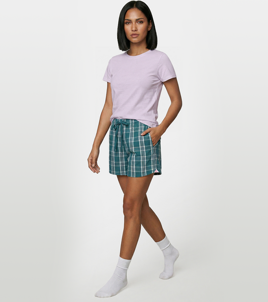Enamor Mid Rise Mid Thigh Length Adjustable drawstring Hangout Shorts For Women - Relaxed Fit, Soft & Light Cotton - E7A1 (Teal/Pink Checks)