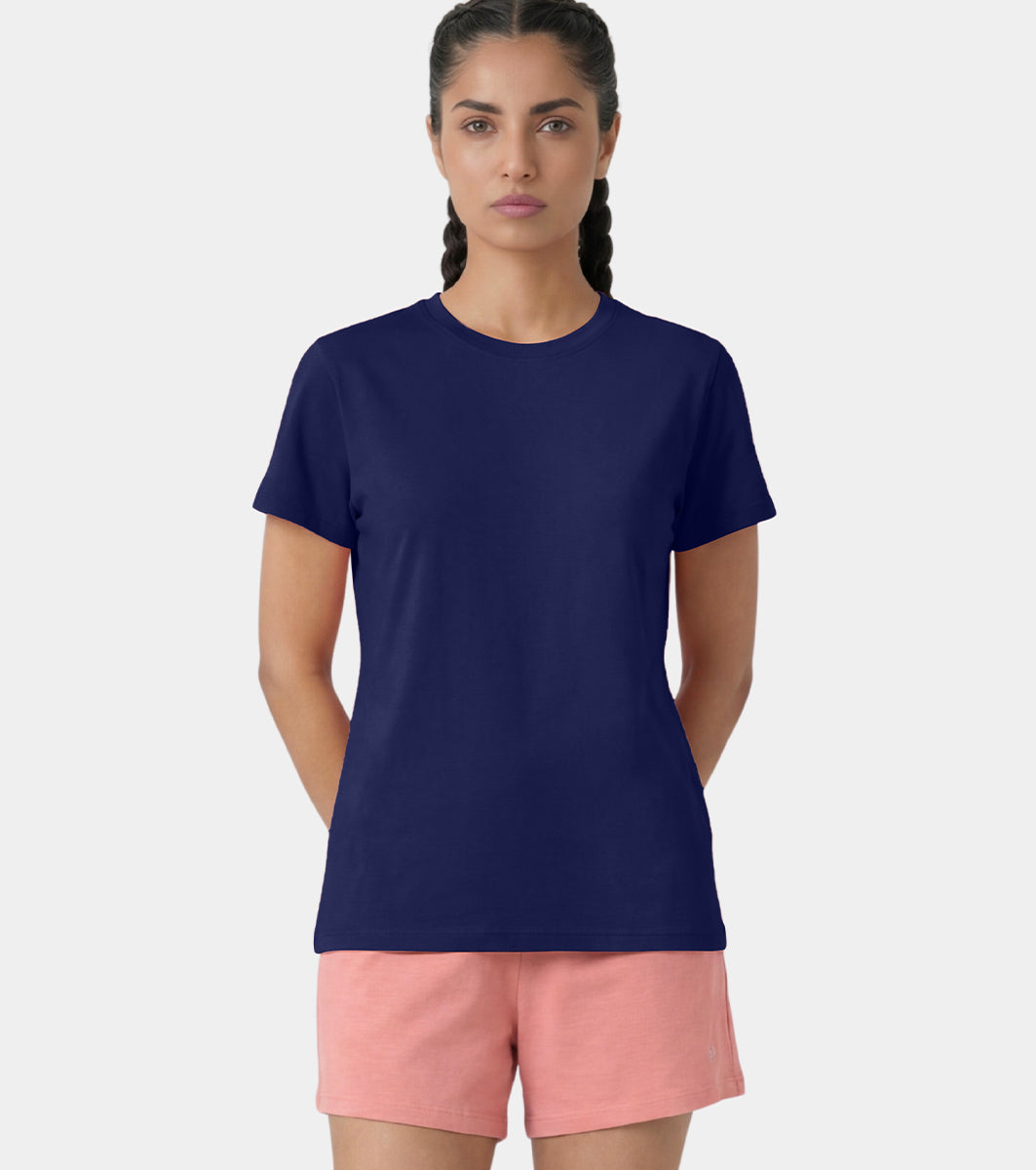 Enamor Pull on Short Sleeve Crew Neck Regular Length Cotton Comfort T-Shirt For Women - Relaxed Fit - E311 (Dark Blue)