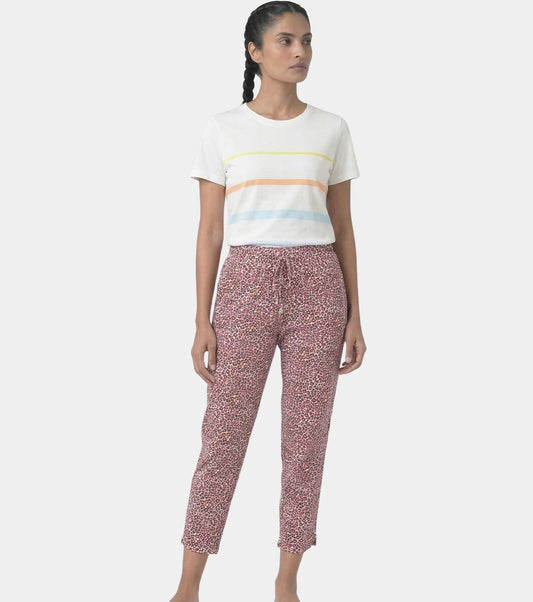 Enamor Mid Rise 7/8th length Drawstring Closure Shop In Pants for Women - Relaxed Fit, Soft & drapey 4-way stretch - E048 (Pink Abstract Animal Print)