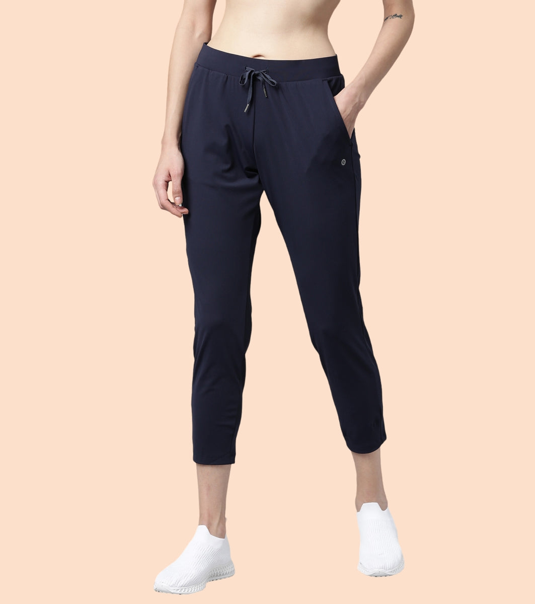Enamor Mid Rise 7/8th length Drawstring Closure Travel Pants For Women - Relaxed Fit, Quick Dry, Antimicrobial - E068 (Navy)