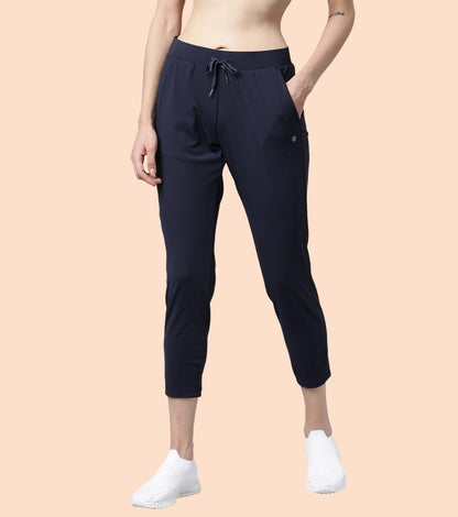 Enamor Mid Rise 7/8th length Drawstring Closure Travel Pants For Women - Relaxed Fit, Quick Dry, Antimicrobial - E068 (Navy)