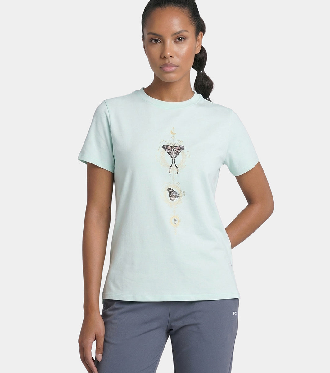 Enamor Short Sleeve Crew Neck Regular Length Cotton Active T-Shirt for Women - Relaxed Fit, Super Soft, Anti-Odour - A301 (Dusty Aqua/Vertical Butterfly Graphic)