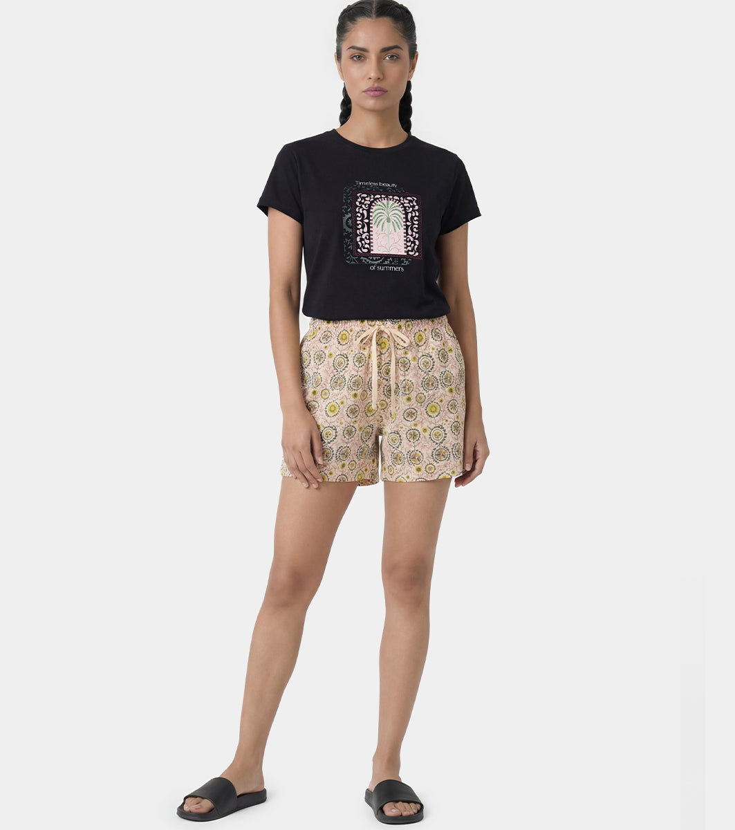 Enamor Drawstring Mid Thigh Length Mid Rise Basic Shorts - Relaxed Fit, Super Soft Cotton - E062 (Moroccan Print)
