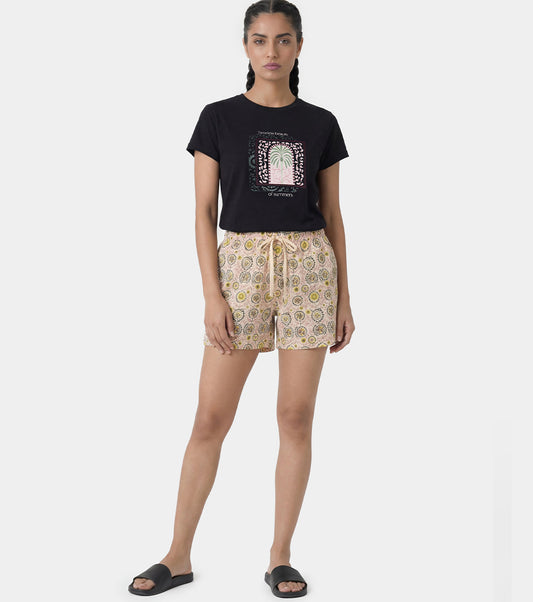 Enamor Drawstring Mid Thigh Length Mid Rise Basic Shorts - Relaxed Fit, Super Soft Cotton - E062 (Moroccan Print)