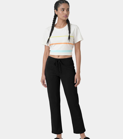 Enamor Mid Rise Regular Length Drawstring Closure Lounge Pants For Women - Slim Fit, Soft and Breathable Stretch Cotton - E014 (Jet Black)