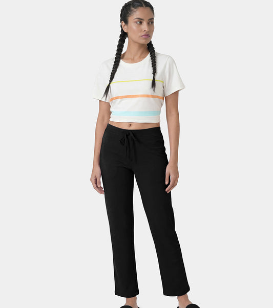 Enamor Mid Rise Regular Length Drawstring Closure Lounge Pants For Women - Slim Fit, Soft and Breathable Stretch Cotton - E014 (Jet Black)