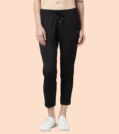 Enamor Mid Rise 7/8th length Drawstring Closure Travel Pants For Women - Relaxed Fit, Quick Dry, Antimicrobial - E068 (Jet Black)